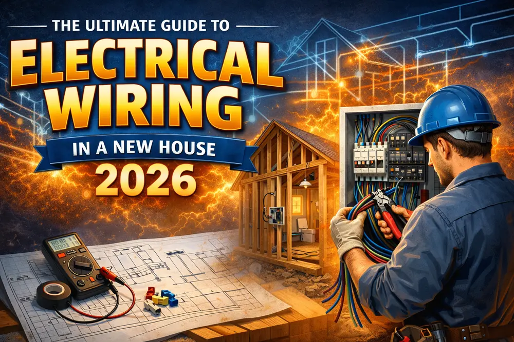 An electrician in a blue helmet wiring an electrical panel inside a partially built wooden house, surrounded by multimeter, wires, and blueprints, with glowing sparks and electrical lines in the background, illustrating modern home wiring techniques.