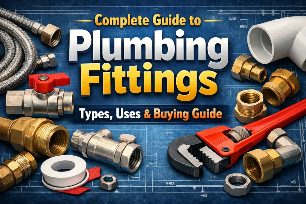 Complete guide to plumbing fittings showing brass connectors, PVC pipe fittings, pipe wrench, and plumbing tools on blueprint background.