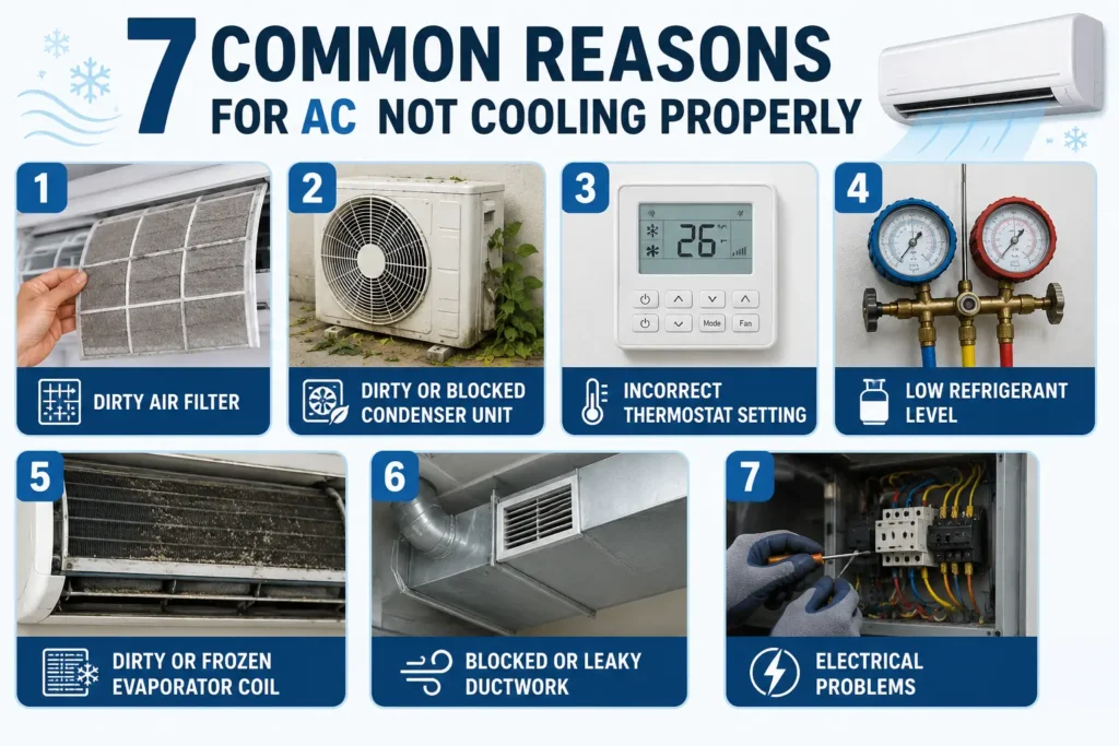 An informative graphic titled ‘7 Common Reasons for AC Not Cooling Properly,’ showing common air conditioner issues such as dirty air filters, low refrigerant, thermostat problems, clogged condenser coils, electrical issues, poor airflow, and compressor malfunction.